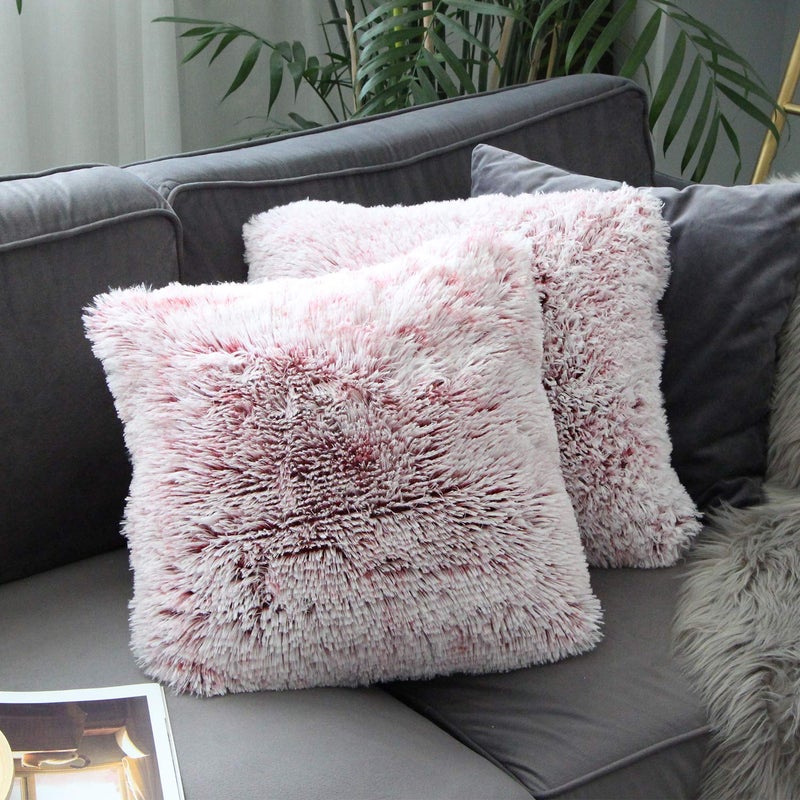 Uhomy 2 Packs Fluffy Accent Pillows Cover 20"x20", Soft Burgundy Ombre Faux Fur Throw Pillow Case, Modern Luxury Decorative Square Cushion Cover for Farmhouse Home Decor for Sofa/Bed/Chair, 50x50cm - Image 1